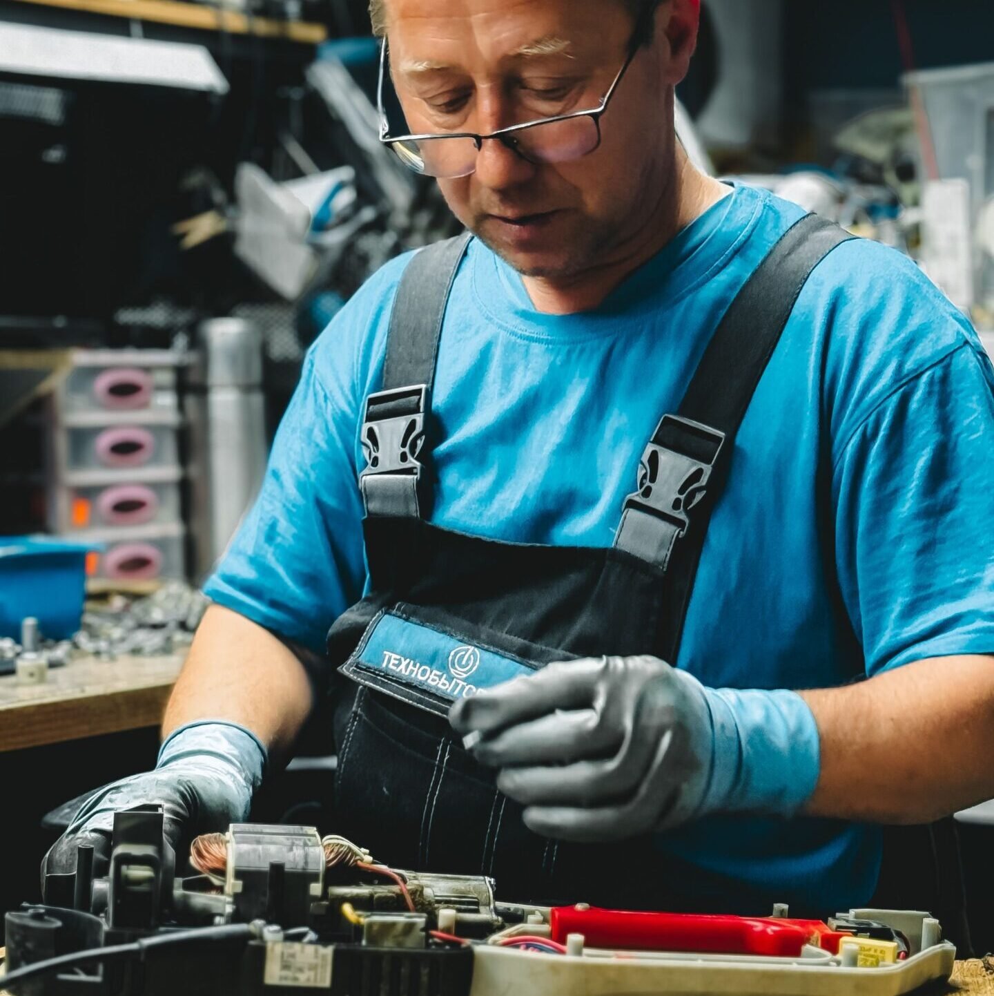 Skilled mechanic working on mechanical device in cluttered workshop setting.